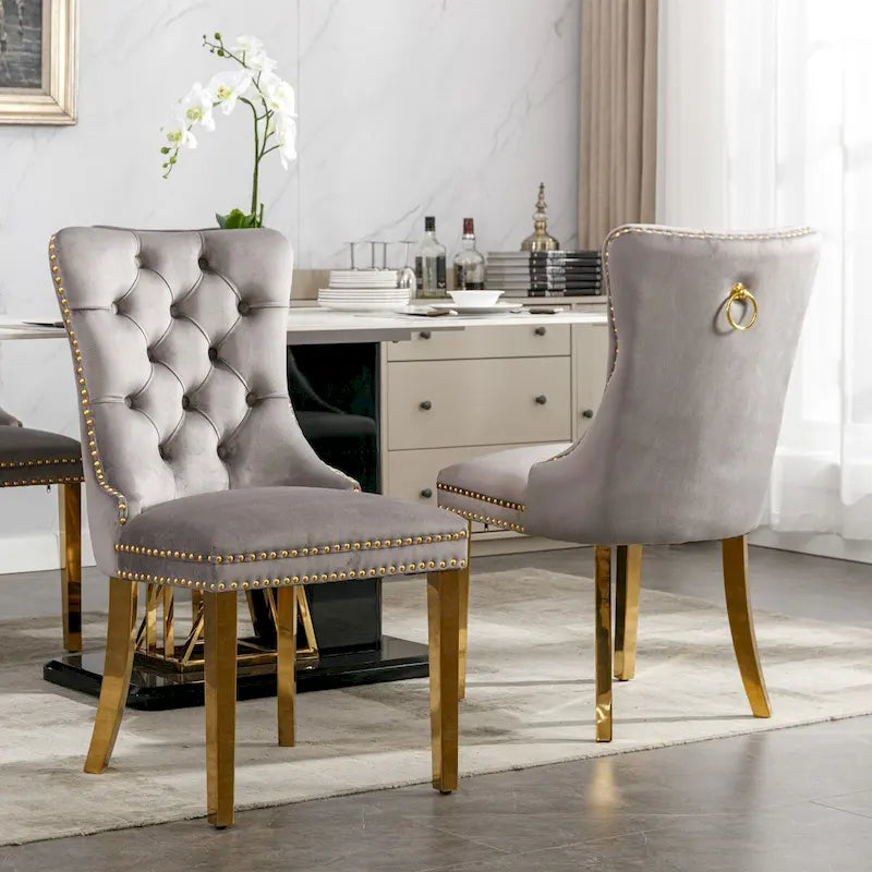 Velvet Dining Chair with Nailhead Trim, Gold-Plated Legs – Set of 2 (Red / Yellow / Beige / Grey / Blue / Black / Green)