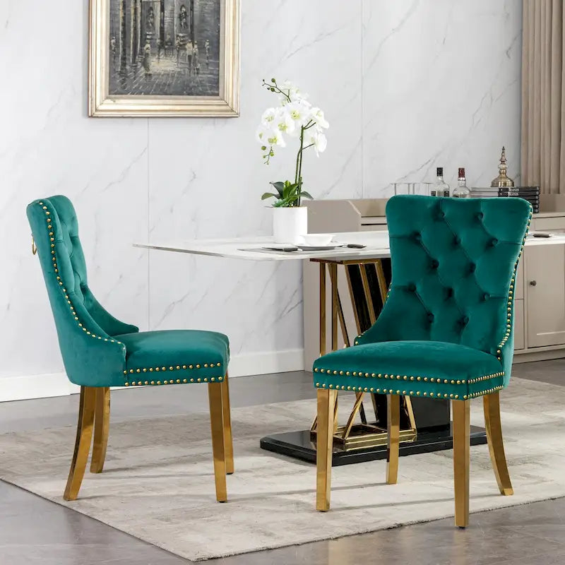Velvet Dining Chair with Nailhead Trim, Gold-Plated Legs – Set of 2 (Red / Yellow / Beige / Grey / Blue / Black / Green)