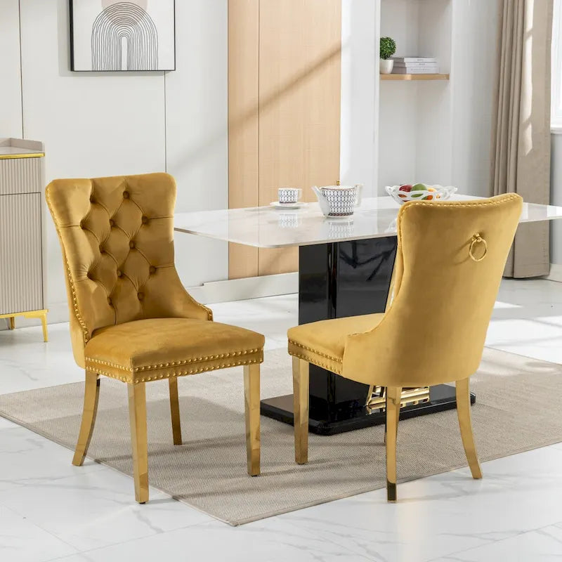 Velvet Dining Chair with Nailhead Trim, Gold-Plated Legs – Set of 2 (Red / Yellow / Beige / Grey / Blue / Black / Green)