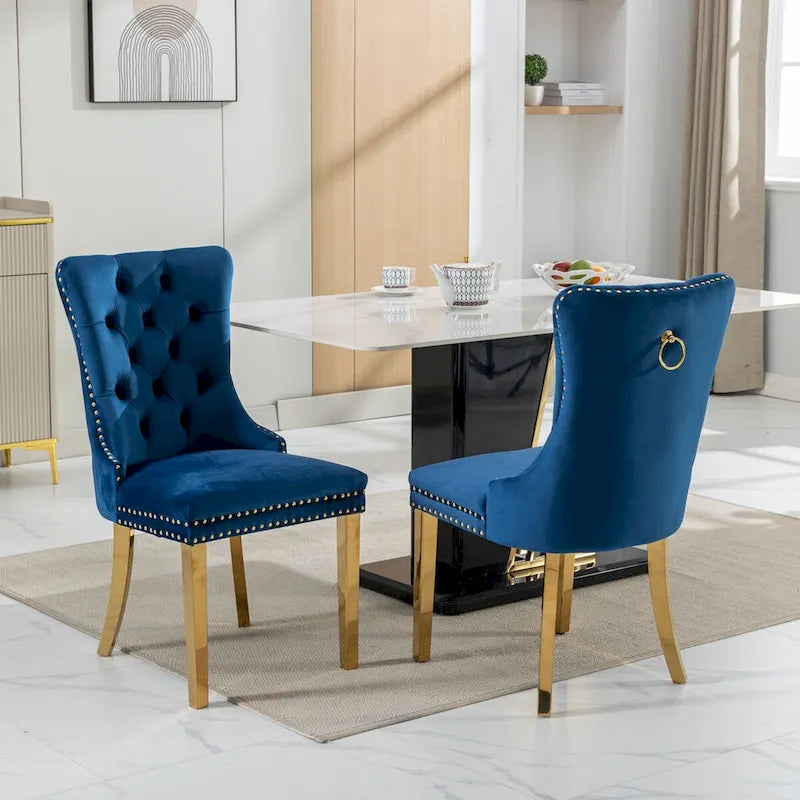 Velvet Dining Chair with Nailhead Trim, Gold-Plated Legs – Set of 2 (Red / Yellow / Beige / Grey / Blue / Black / Green)