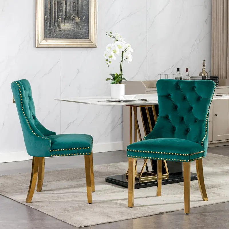 Velvet Dining Chair with Nailhead Trim, Gold-Plated Legs – Set of 2 (Red / Yellow / Beige / Grey / Blue / Black / Green)
