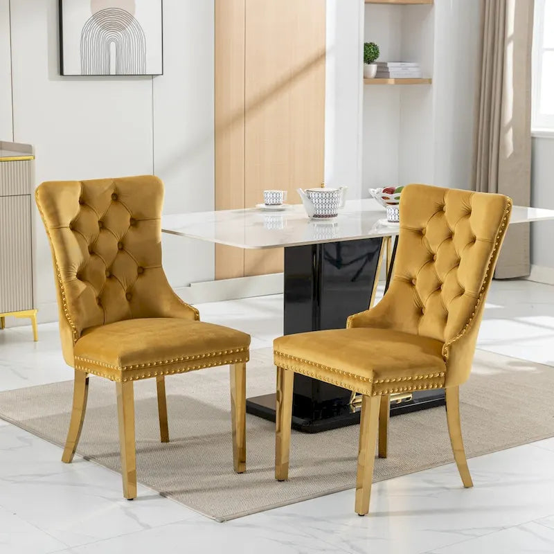 Velvet Dining Chair with Nailhead Trim, Gold-Plated Legs – Set of 2 (Red / Yellow / Beige / Grey / Blue / Black / Green)