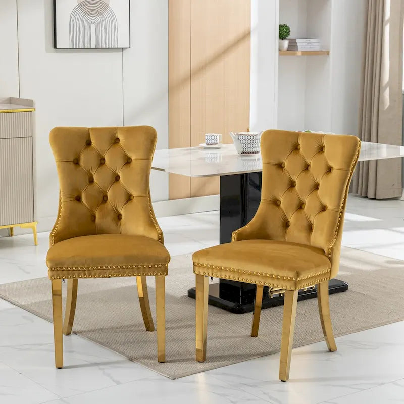 Velvet Dining Chair with Nailhead Trim, Gold-Plated Legs – Set of 2 (Red / Yellow / Beige / Grey / Blue / Black / Green)