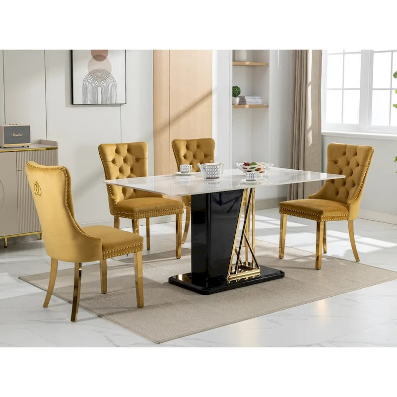 Velvet Dining Chair with Nailhead Trim, Gold-Plated Legs – Set of 2 (Red / Yellow / Beige / Grey / Blue / Black / Green)