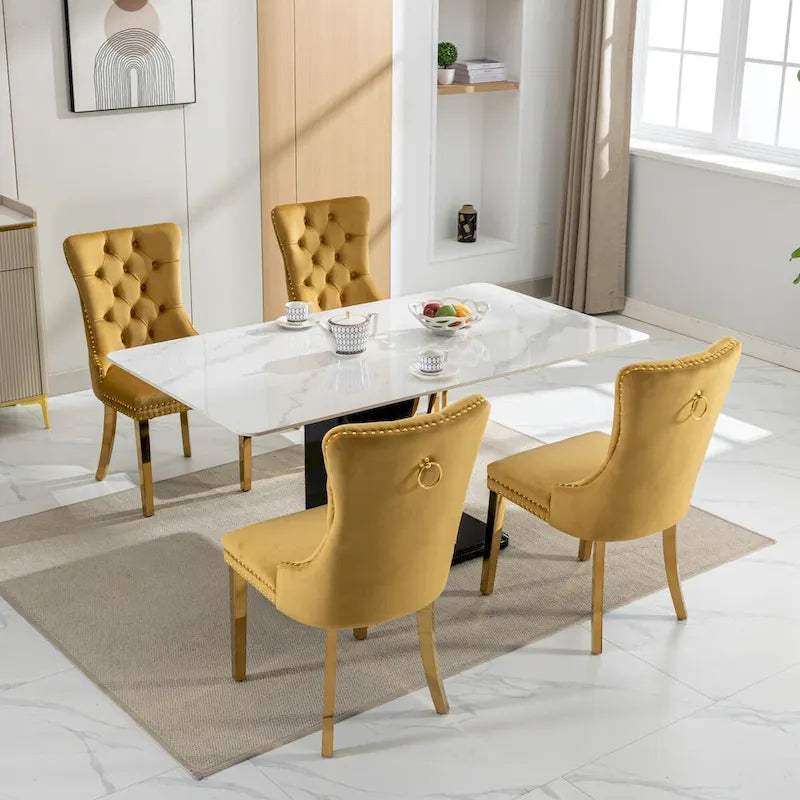 Velvet Dining Chair with Nailhead Trim, Gold-Plated Legs – Set of 2 (Red / Yellow / Beige / Grey / Blue / Black / Green)