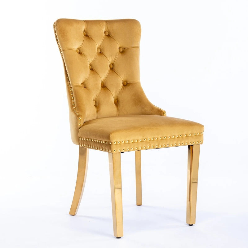 Velvet Dining Chair with Nailhead Trim, Gold-Plated Legs – Set of 2 (Red / Yellow / Beige / Grey / Blue / Black / Green)