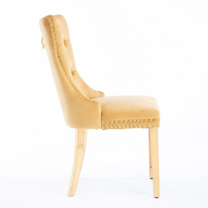 Velvet Dining Chair with Nailhead Trim, Gold-Plated Legs – Set of 2 (Red / Yellow / Beige / Grey / Blue / Black / Green)