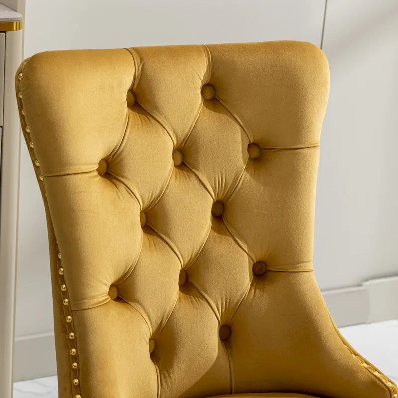 Velvet Dining Chair with Nailhead Trim, Gold-Plated Legs – Set of 2 (Red / Yellow / Beige / Grey / Blue / Black / Green)