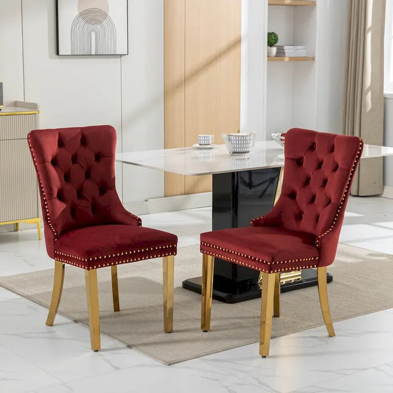 Velvet Dining Chair with Nailhead Trim, Gold-Plated Legs – Set of 2 (Red / Yellow / Beige / Grey / Blue / Black / Green)