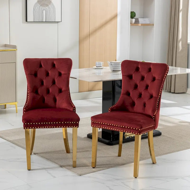 Velvet Dining Chair with Nailhead Trim, Gold-Plated Legs – Set of 2 (Red / Yellow / Beige / Grey / Blue / Black / Green)