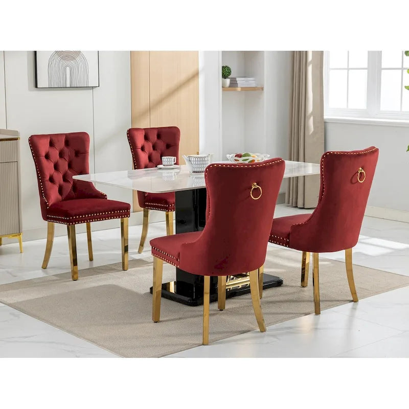 Velvet Dining Chair with Nailhead Trim, Gold-Plated Legs – Set of 2 (Red / Yellow / Beige / Grey / Blue / Black / Green)