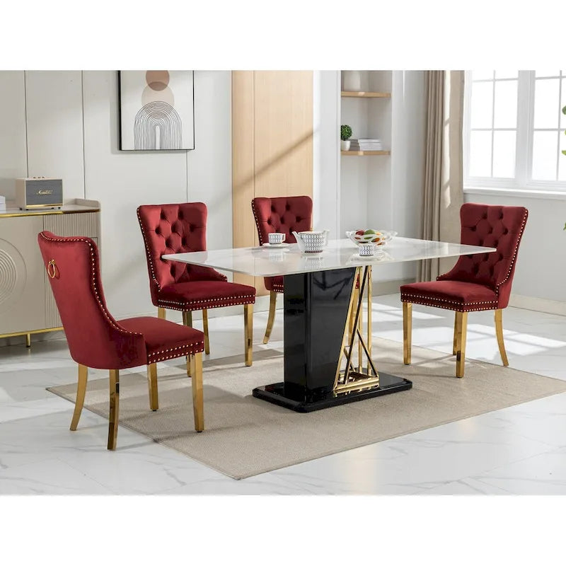 Velvet Dining Chair with Nailhead Trim, Gold-Plated Legs – Set of 2 (Red / Yellow / Beige / Grey / Blue / Black / Green)