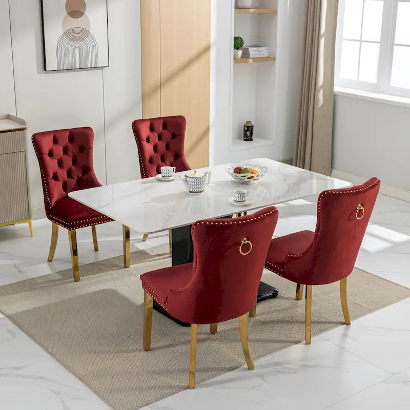 Velvet Dining Chair with Nailhead Trim, Gold-Plated Legs – Set of 2 (Red / Yellow / Beige / Grey / Blue / Black / Green)
