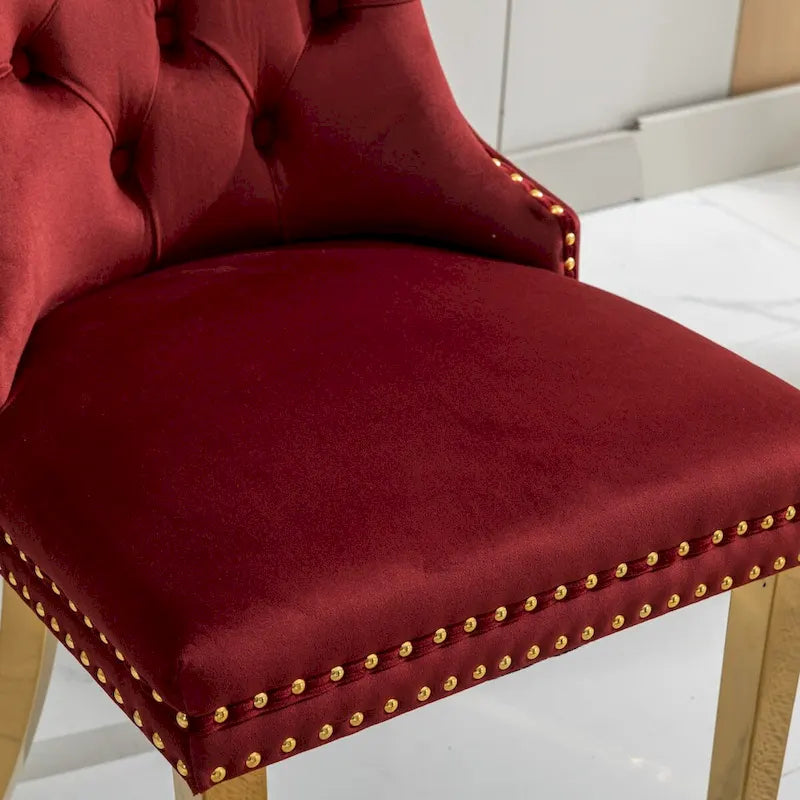Velvet Dining Chair with Nailhead Trim, Gold-Plated Legs – Set of 2 (Red / Yellow / Beige / Grey / Blue / Black / Green)