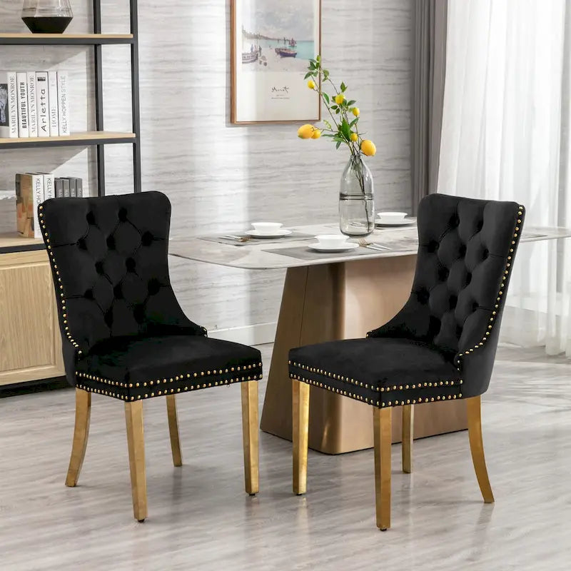 Velvet Dining Chair with Nailhead Trim, Gold-Plated Legs – Set of 2 (Red / Yellow / Beige / Grey / Blue / Black / Green)