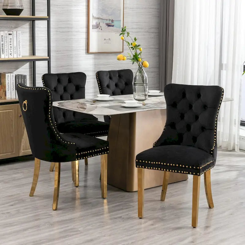 Velvet Dining Chair with Nailhead Trim, Gold-Plated Legs – Set of 2 (Red / Yellow / Beige / Grey / Blue / Black / Green)