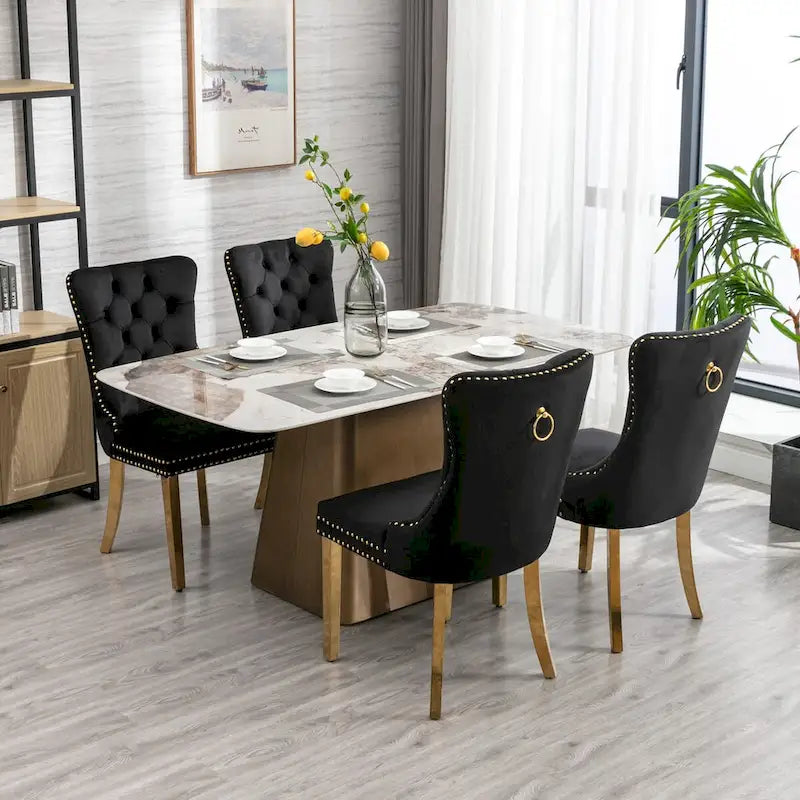 Velvet Dining Chair with Nailhead Trim, Gold-Plated Legs – Set of 2 (Red / Yellow / Beige / Grey / Blue / Black / Green)