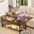 Rustic Brown / Grey Oak / Black / Walnut Dual Lift-Top Coffee Table with LED Lights & USB Ports, 2-Person