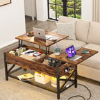 Rustic Brown / Grey Oak / Black / Walnut Dual Lift-Top Coffee Table with LED Lights & USB Ports, 2-Person