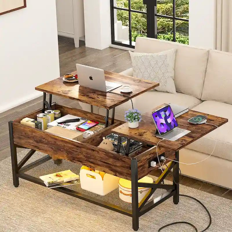 Rustic Brown / Grey Oak / Black / Walnut Dual Lift-Top Coffee Table with LED Lights & USB Ports, 2-Person
