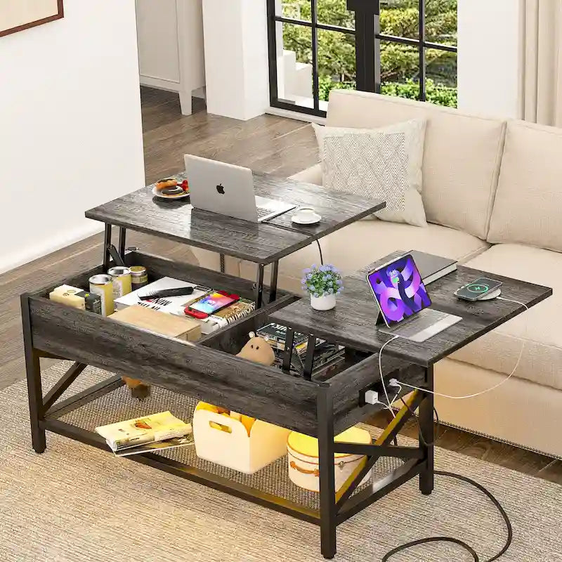 Rustic Brown / Grey Oak / Black / Walnut Dual Lift-Top Coffee Table with LED Lights & USB Ports, 2-Person