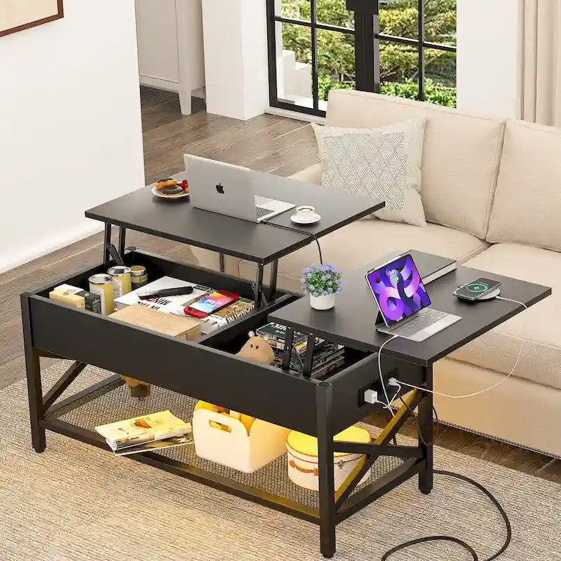 Rustic Brown / Grey Oak / Black / Walnut Dual Lift-Top Coffee Table with LED Lights & USB Ports, 2-Person