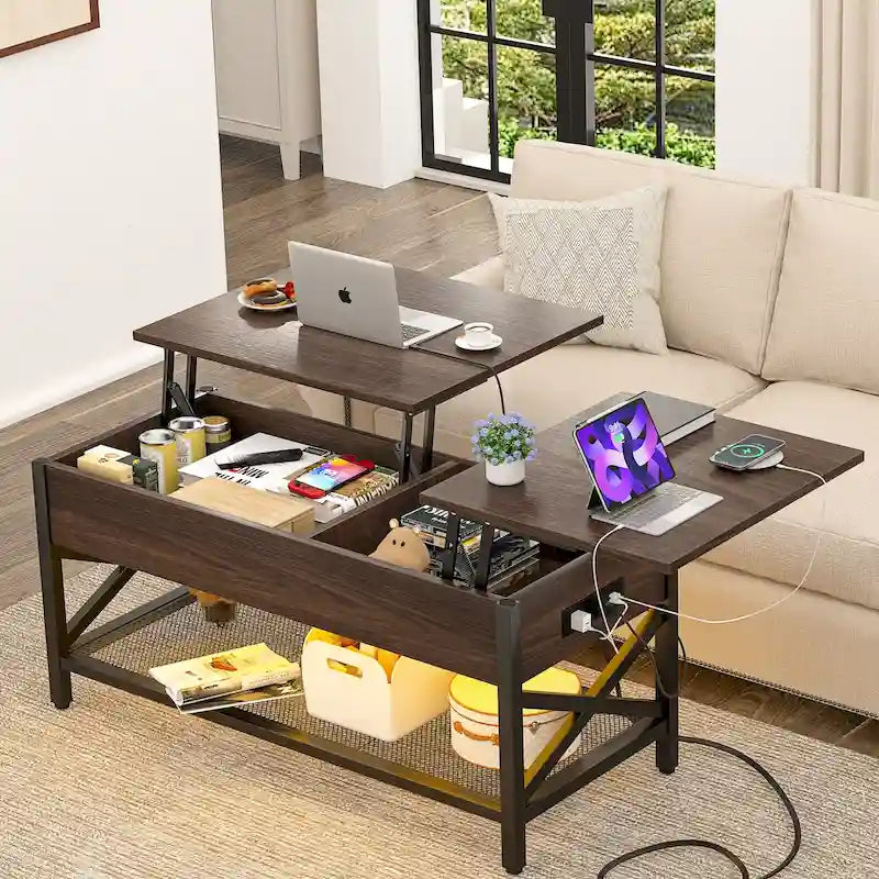Rustic Brown / Grey Oak / Black / Walnut Dual Lift-Top Coffee Table with LED Lights & USB Ports, 2-Person