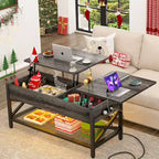 Rustic Brown / Grey Oak / Black / Walnut Dual Lift-Top Coffee Table with LED Lights & USB Ports, 2-Person