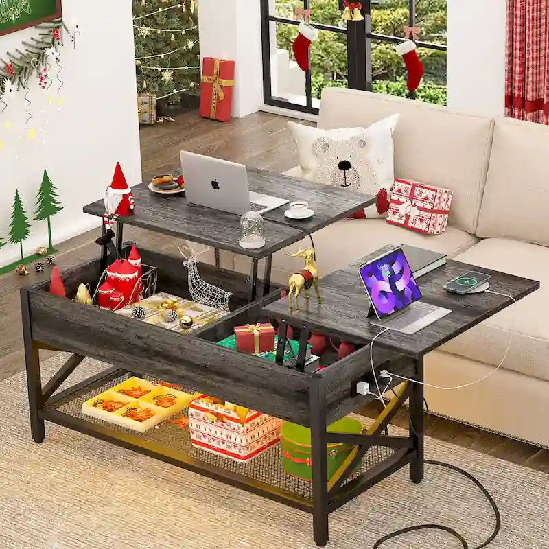 Rustic Brown / Grey Oak / Black / Walnut Dual Lift-Top Coffee Table with LED Lights & USB Ports, 2-Person