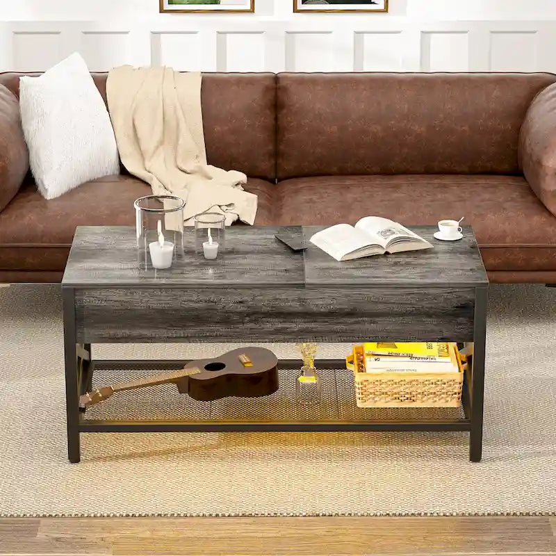 Rustic Brown / Grey Oak / Black / Walnut Dual Lift-Top Coffee Table with LED Lights & USB Ports, 2-Person