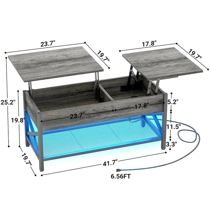 Rustic Brown / Grey Oak / Black / Walnut Dual Lift-Top Coffee Table with LED Lights & USB Ports, 2-Person