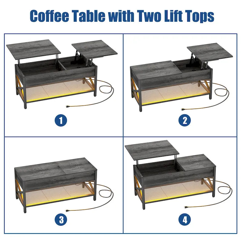 Rustic Brown / Grey Oak / Black / Walnut Dual Lift-Top Coffee Table with LED Lights & USB Ports, 2-Person