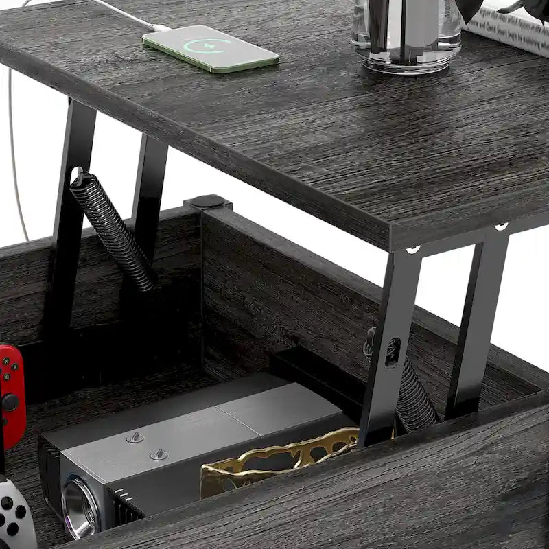 Rustic Brown / Grey Oak / Black / Walnut Dual Lift-Top Coffee Table with LED Lights & USB Ports, 2-Person