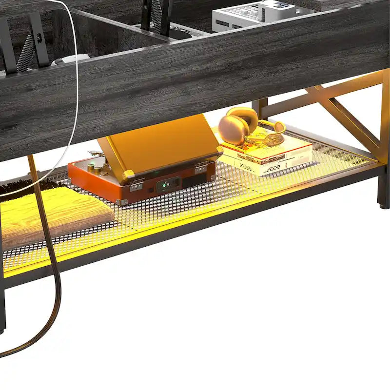 Rustic Brown / Grey Oak / Black / Walnut Dual Lift-Top Coffee Table with LED Lights & USB Ports, 2-Person