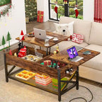 Rustic Brown / Grey Oak / Black / Walnut Dual Lift-Top Coffee Table with LED Lights & USB Ports, 2-Person