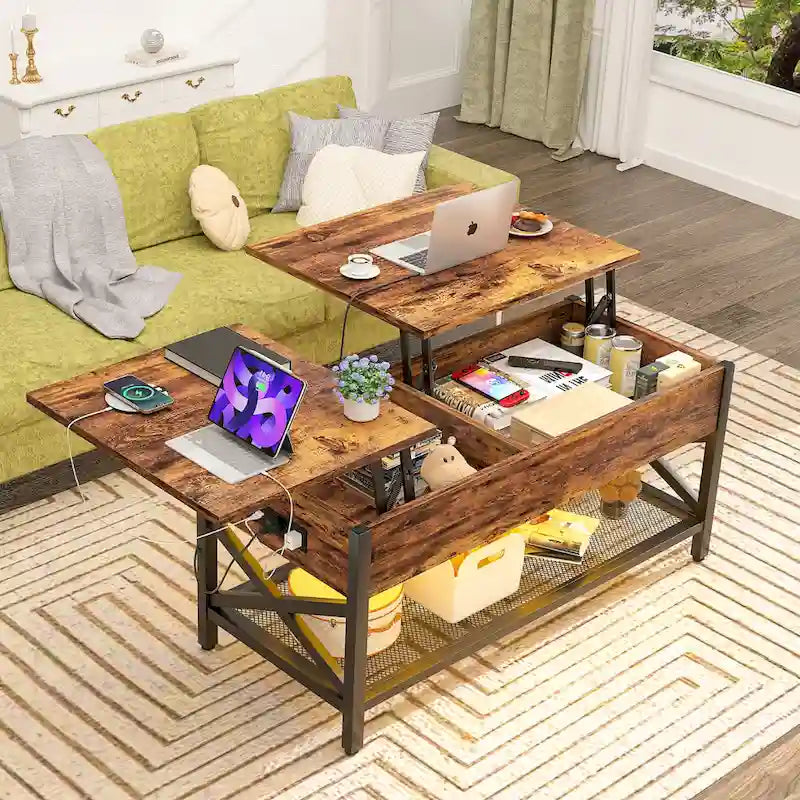 Rustic Brown / Grey Oak / Black / Walnut Dual Lift-Top Coffee Table with LED Lights & USB Ports, 2-Person