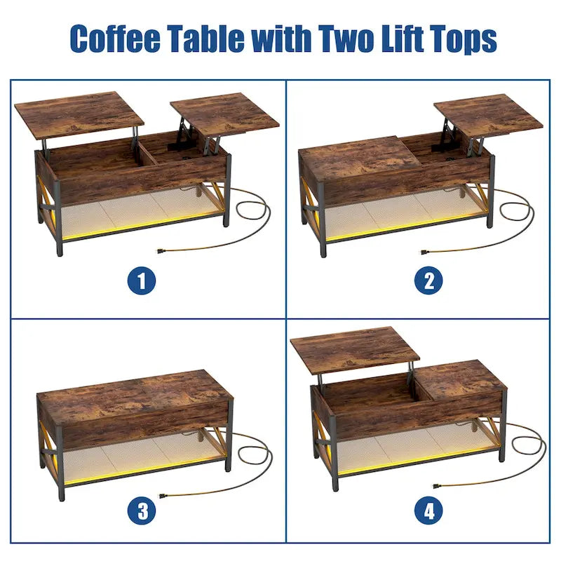 Rustic Brown / Grey Oak / Black / Walnut Dual Lift-Top Coffee Table with LED Lights & USB Ports, 2-Person