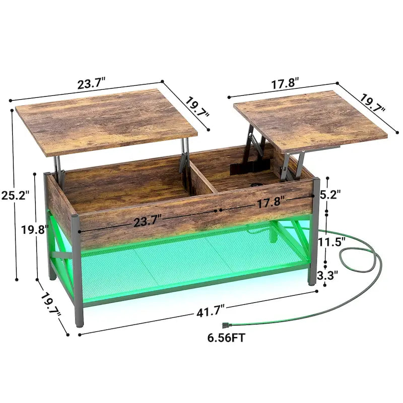 Rustic Brown / Grey Oak / Black / Walnut Dual Lift-Top Coffee Table with LED Lights & USB Ports, 2-Person