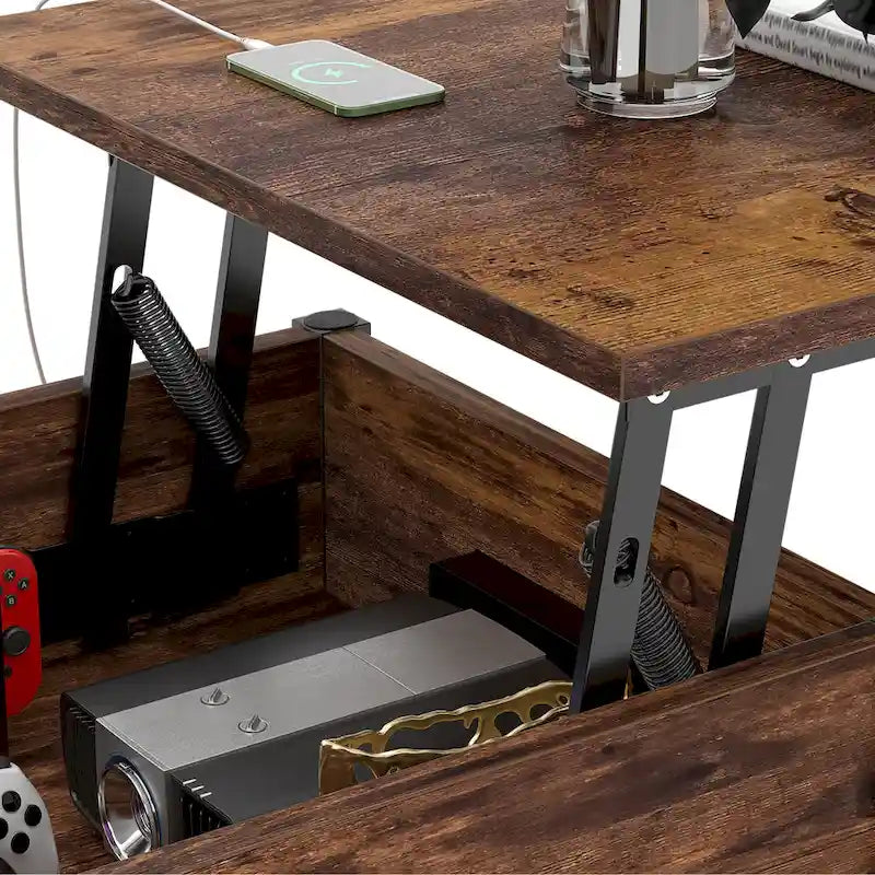 Rustic Brown / Grey Oak / Black / Walnut Dual Lift-Top Coffee Table with LED Lights & USB Ports, 2-Person