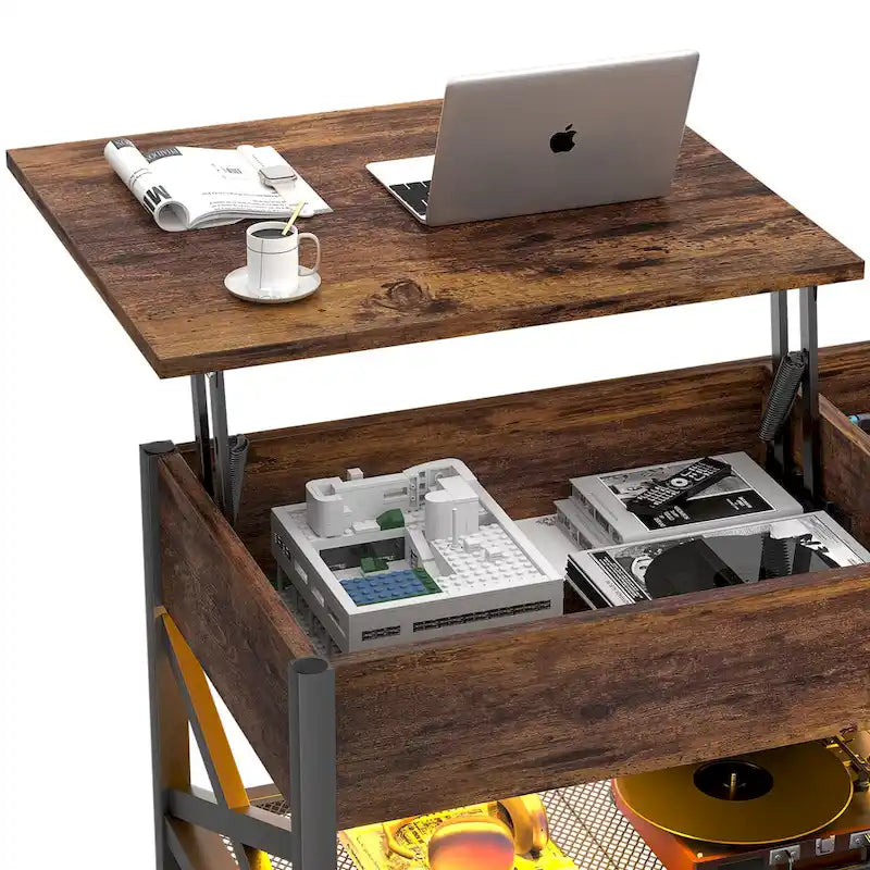 Rustic Brown / Grey Oak / Black / Walnut Dual Lift-Top Coffee Table with LED Lights & USB Ports, 2-Person