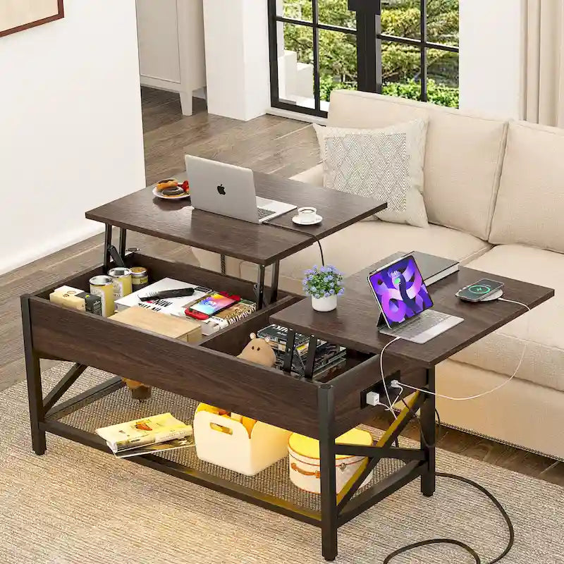 Rustic Brown / Grey Oak / Black / Walnut Dual Lift-Top Coffee Table with LED Lights & USB Ports, 2-Person