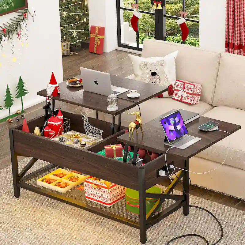 Rustic Brown / Grey Oak / Black / Walnut Dual Lift-Top Coffee Table with LED Lights & USB Ports, 2-Person