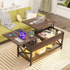 Rustic Brown / Grey Oak / Black / Walnut Dual Lift-Top Coffee Table with LED Lights & USB Ports, 2-Person