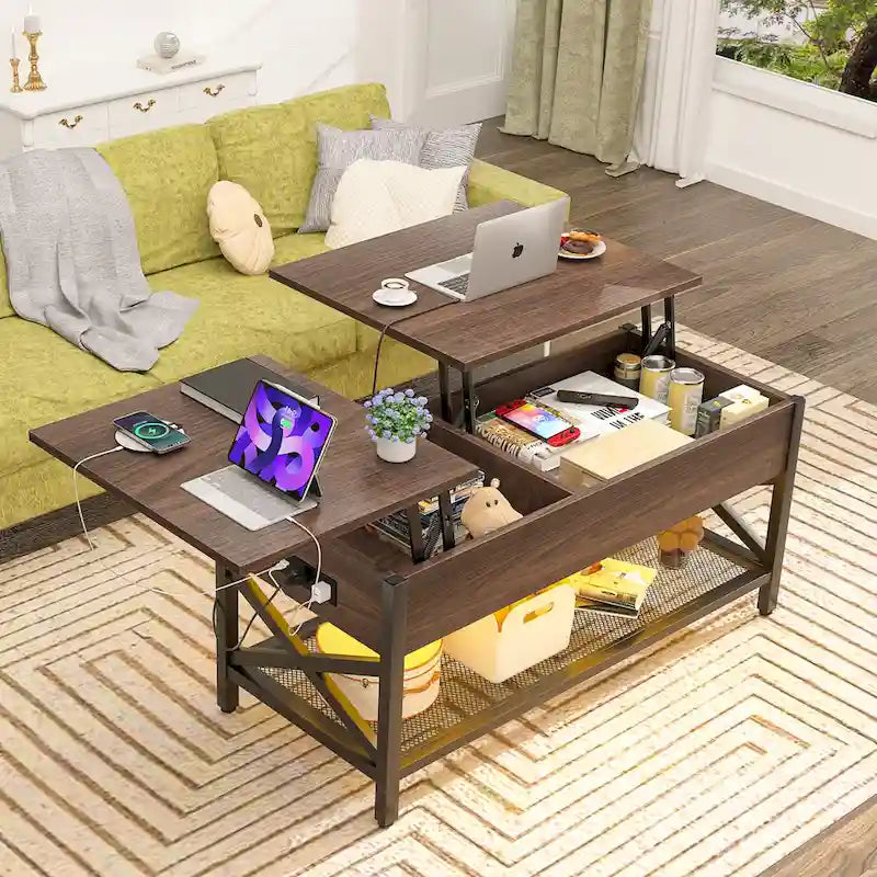 Rustic Brown / Grey Oak / Black / Walnut Dual Lift-Top Coffee Table with LED Lights & USB Ports, 2-Person