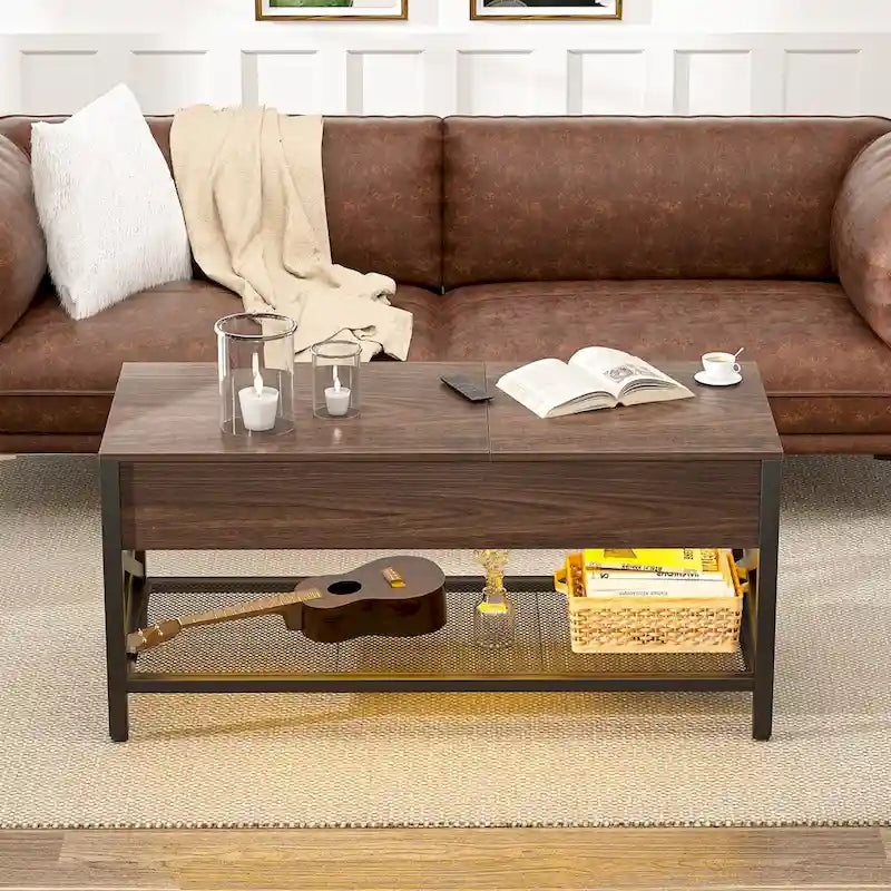Rustic Brown / Grey Oak / Black / Walnut Dual Lift-Top Coffee Table with LED Lights & USB Ports, 2-Person