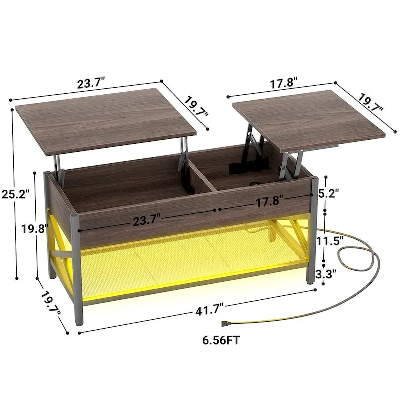 Rustic Brown / Grey Oak / Black / Walnut Dual Lift-Top Coffee Table with LED Lights & USB Ports, 2-Person