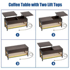Rustic Brown / Grey Oak / Black / Walnut Dual Lift-Top Coffee Table with LED Lights & USB Ports, 2-Person