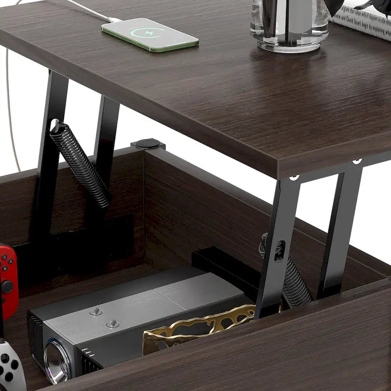 Rustic Brown / Grey Oak / Black / Walnut Dual Lift-Top Coffee Table with LED Lights & USB Ports, 2-Person