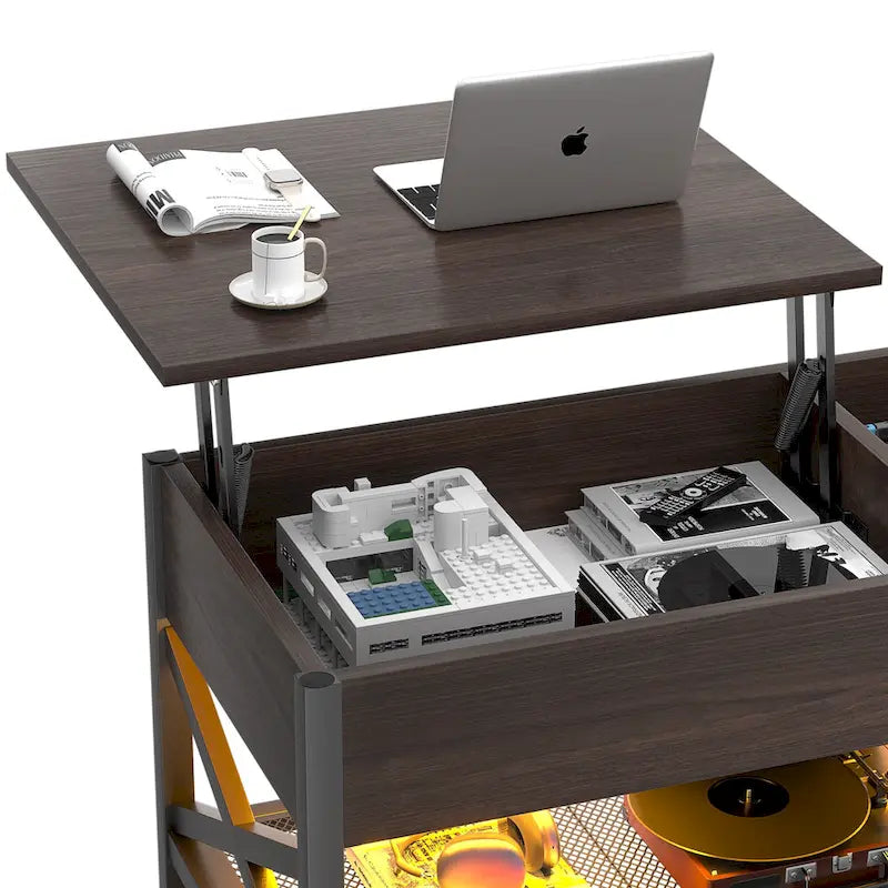Rustic Brown / Grey Oak / Black / Walnut Dual Lift-Top Coffee Table with LED Lights & USB Ports, 2-Person