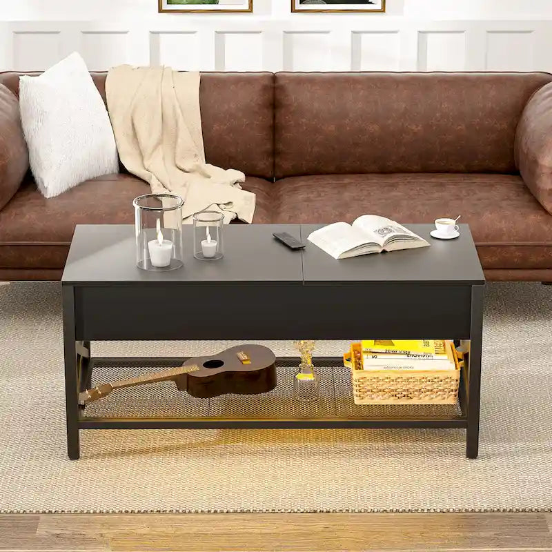 Rustic Brown / Grey Oak / Black / Walnut Dual Lift-Top Coffee Table with LED Lights & USB Ports, 2-Person